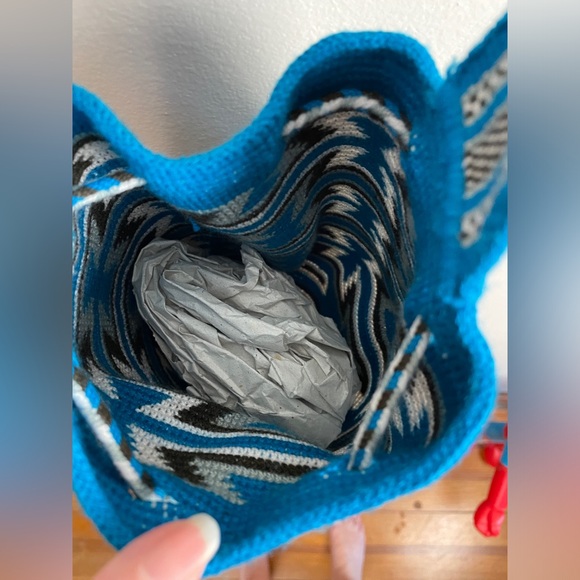 Wayuu Mochila Colombian Aztec Print Blue Black Grey Tassels Crossbody Bag - Picture 5 of 7